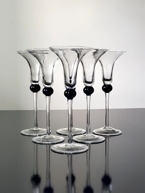 (8) Uniquely Shaped Cobalt Ball 🔵 & Clear Blown Champagne 🍾 Glasses 🥂